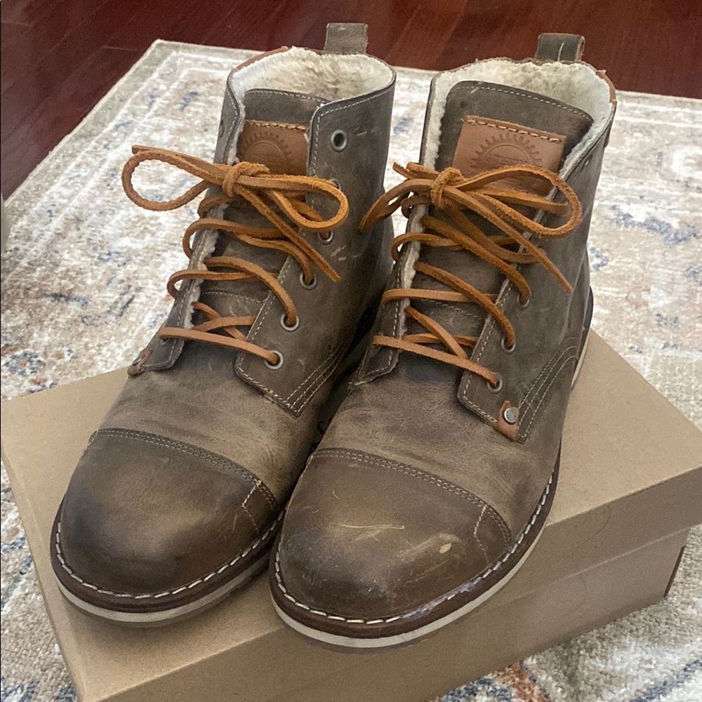 Brown and Gray Rugged Leather Boots with Lace-Up Design